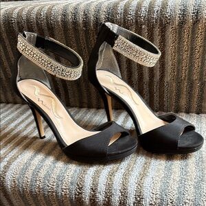 Nina Black Heels with Rhinestone Ankle Strap